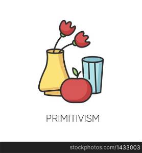 Primitivism RGB color icon. Vase with flowers and fruit painting in minimalism style. Western modern cultural movement. Still life. Isolated vector illustration. Primitivism RGB color icon