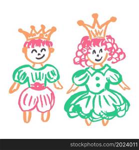Prince and Princess. Icon in hand draw style. Drawing with wax crayons, colored chalk, children&rsquo;s creativity. Vector illustration. Sign, symbol, pin, sticker. Icon in hand draw style. Drawing with wax crayons, children&rsquo;s creativity