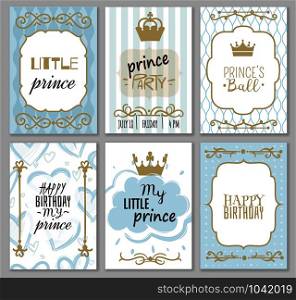 Prince frames. Cute boy party invitation shower or sweet photo borders for elegant blue decor of card vector pattern templates for birthday little baby. Prince frames. Cute boy party invitation shower or sweet photo borders for elegant blue decor of card vector templates