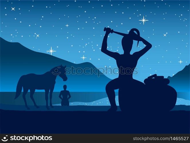 Prince Siddhartha go out of palace,suffering and try to seek way out of suffering by be monk or to ordain,vector illustration,silhouette style