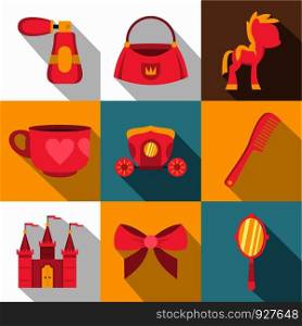 Princess accessories icon set. Flat style set of 9 princess accessories vector icons for web design. Princess accessories icon set, flat style