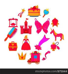 Princess accessories icons set. Cartoon illustration of 16 princess accessories vector icons for web. Princess accessories icons set, cartoon style