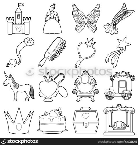 Princess accessories icons set. Outline illustration of 16 princess accessories vector icons for web. Princess accessories icons set, outline style