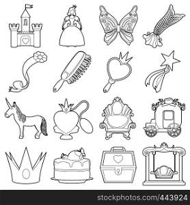 Princess accessories icons set. Outline illustration of 16 princess accessories vector icons for web. Princess accessories icons set, outline style