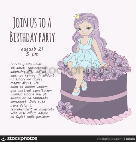 PRINCESS CAKE Birthday Party Girl Vector Illustration Set