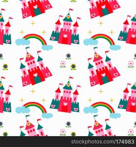 Princess castle seamless pattern with fairy tale, magic background