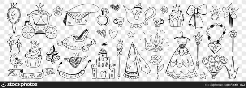 Princess clothes and lifestyle attributes doodle set. Collection of hand drawn castle dress crown cupcake mirror jewellery shield bag teapot bow and decorations isolated on transparent background. Princess clothes and lifestyle attributes doodle set