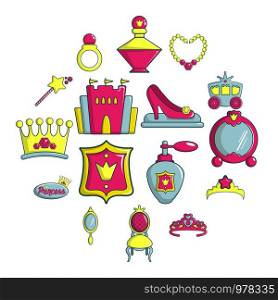 Princess doll icons set. Cartoon illustration of 16 princess doll vector icons for web. Princess doll icons set, cartoon style