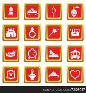 Princess doll icons set vector red square isolated on white background . Princess doll icons set red square vector