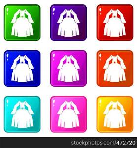Princess dress icons of 9 color set isolated vector illustration. Princess dress icons 9 set