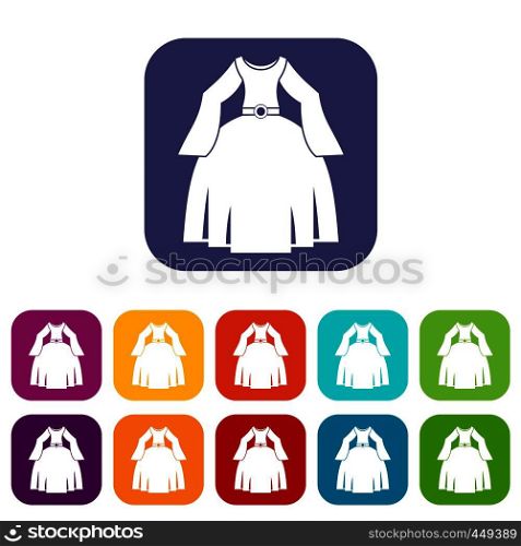 Princess dress icons set vector illustration in flat style In colors red, blue, green and other. Princess dress icons set flat