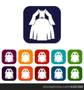 Princess dress icons set vector illustration in flat style In colors red, blue, green and other. Princess dress icons set flat