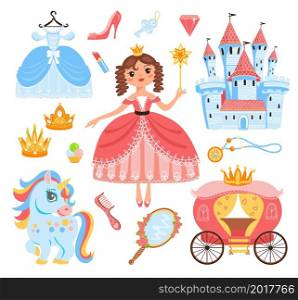 Princess elements. Cute girl in lush pink dress and gold crown holding magic wand, royal castle, fabulous unicorn, little queen, fairy tale adorable fantasy character vector cartoon flat isolated set. Princess elements. Cute girl in lush pink dress and gold crown holding magic wand, royal castle, fabulous unicorn, little queen, adorable fantasy character vector cartoon flat isolated set