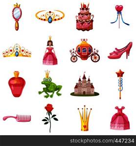 Princess fairytale doll icons set. Cartoon illustration of 16 princess fairytale doll vector icons for web. Princess fairytale doll icons set, cartoon style