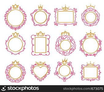 Princess frame. Cute crown border, royal mirror frames and majestic prince doodle borders. Romantic invitation card borders, wedding decor jewelry ornament frame. Isolated vector icons set. Princess frame. Cute crown border, royal mirror frames and majestic prince doodle borders isolated vector set