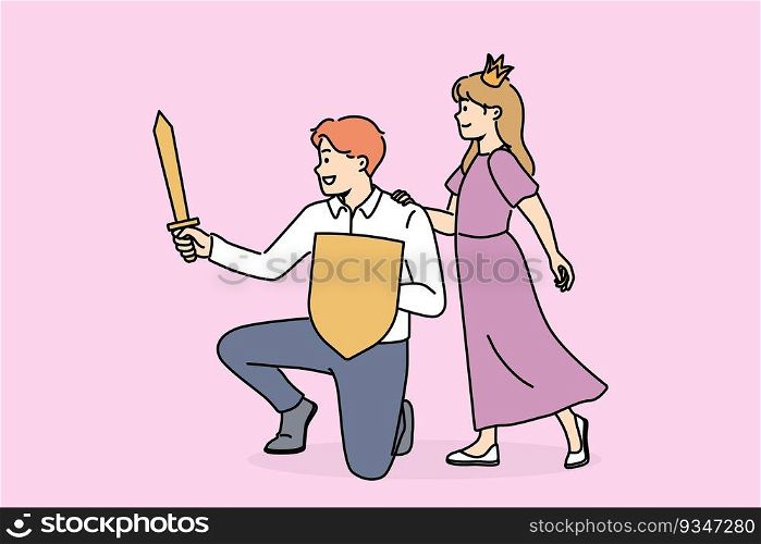 Princess girl near father with knight sword spend time together playing royal family from fairy tales. Hero protect princess from enemies saving little daughter for fatherhood concept. Princess girl near father with knight sword spend time playing royal family from fairy tales