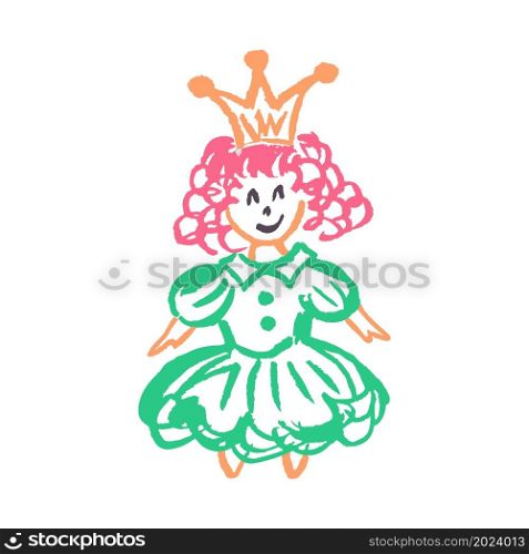 Princess. Icon in hand draw style. Drawing with wax crayons, colored chalk, children&rsquo;s creativity. Vector illustration. Sign, symbol, pin, sticker. Icon in hand draw style. Drawing with wax crayons, children&rsquo;s creativity