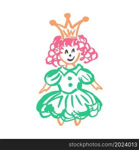 Princess. Icon in hand draw style. Drawing with wax crayons, colored chalk, children&rsquo;s creativity. Vector illustration. Sign, symbol, pin, sticker. Icon in hand draw style. Drawing with wax crayons, children&rsquo;s creativity