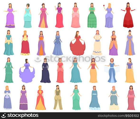 Princess icons set cartoon vector. Tiara girl. Miracle fairy. Princess icons set cartoon vector. Tiara girl