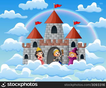 Princess, knight and witch in front of the castle on the clouds