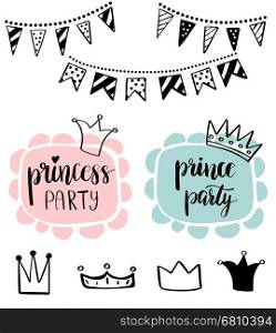 Princess or Prince Party baby shower card design. Birthday Girl and boy lettering quote typography. Vector designer set for postcard, poster, graphics. Text, crowns, flags and garlands, clouds