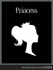 Princess or Queen Profile Silhouette with Crown on Head, Monochrome Cameo Victorian Portrait of Royal Person in Lace Frame, Cute Girl Weraring Tiara Side View, Retro Cartoon Flat Vector Illustration. Princess or Queen Profile Silhouette with Crown