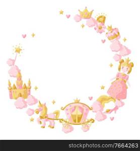Princess party items frame. Fairy kingdom and magic world illustration. Decoration for children celebration.. Princess party items frame.