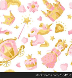 Princess party items seamless pattern. Fairy kingdom and magic world background. Decoration for children celebration.. Princess party items seamless pattern.