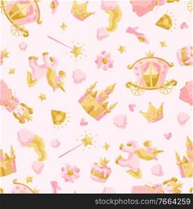 Princess party items seamless pattern. Fairy kingdom and magic world background. Decoration for children celebration.. Princess party items seamless pattern.
