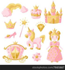Princess party items set. Fairy kingdom and magic world illustration. Decoration for children celebration.. Princess party items set.