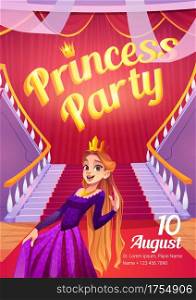 Princess party poster with cute girl in vintage dress and gold crown. Vector flyer with invite to birthday celebration. Cartoon illustration of happy young woman in queen costume in castle hall. Princess party poster with cute girl in gold crown