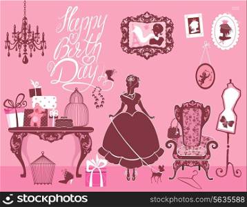 Princess Room with glamour accessories, furniture, cages, gift boxes, pictures. Princess girl and dog - silhouettes on pink background. Handwritten text Happy Birthday. Holiday card for girls.