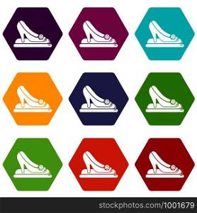 Princess shoes icons 9 set coloful isolated on white for web. Princess shoes icons set 9 vector