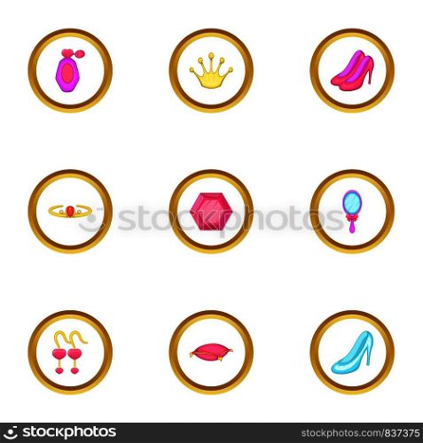 Princess thing icons set. Cartoon style set of 9 princess thing vector icons for web design. Princess thing icons set, cartoon style