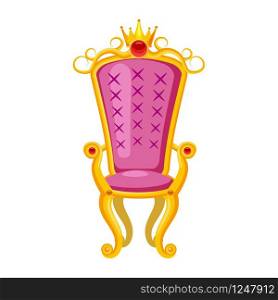 Princess throne, adorned with diamonds, crown precious stones. Princess throne, adorned with diamonds, crown, precious stones. Fairy tale, myth, legend, medieval culture of Europe, armchair. Vector, illustration, cartoon style, isolated