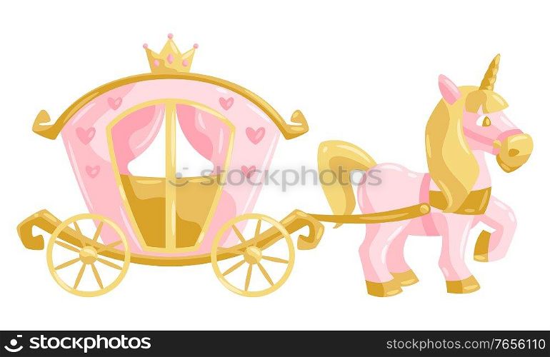 Princess unicorn and carriage. Stylized picture for decoration children holiday and party.. Princess unicorn and carriage.