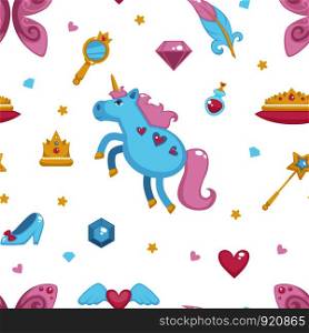 Princess with fairy elements, unicorn and magic wand seamless pattern isolated on white background vector. Girl wearing crown, shoes of cinderella, potion perfume in glass bottle, mirror and hearts. Princess with fairy elements, unicorn and magic wand seamless pattern isolated on white background vector.