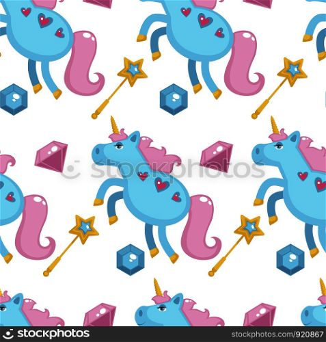 Princess with fairy elements, unicorn and magic wand seamless pattern isolated on white background vector. Girl wearing crown, shoes of cinderella, potion perfume in glass bottle, mirror and hearts. Princess with fairy elements, unicorn and magic wand seamless pattern isolated on white background vector.