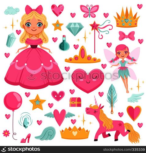 Princess with fairytale unicorn, wizard and their magic elements. Vector pictures set magic unicorn and wizard illustration. Princess with fairytale unicorn, wizard and their magic elements. Vector pictures set