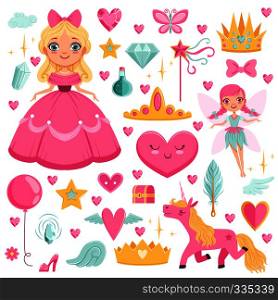Princess with fairytale unicorn, wizard and their magic elements. Vector pictures set magic unicorn and wizard illustration. Princess with fairytale unicorn, wizard and their magic elements. Vector pictures set