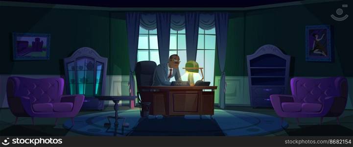 Principal in night office, headmaster or government person sitting at desk in dark room with luxury classic furniture. Mature man at wooden solid table with glowing lamp, Cartoon vector illustration. Principal in night office, headmaster or boss