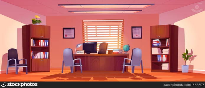 Principal school office interior, empty room with director table, computer, books and globe on desk, chairs for visitors and bookcases with files folders, potted plants. Cartoon vector illustration. Principal school office interior, director room