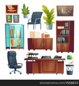 Principal school office interior furniture and stuff set. Director table, desk with printer, chairs and bookcase with files folders, trophies in glass stand, potted plants. Cartoon vector illustration. Principal school office furniture and stuff set