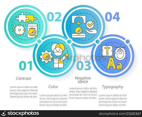 Principles of graphic design circle infographic template. Data visualization with 4 steps. Process timeline info chart. Workflow layout with line icons. Myriad Pro-Regular fonts used. Principles of graphic design circle infographic template