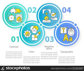 Principles of graphic design circle infographic template. Data visualization with 4 steps. Process timeline info chart. Workflow layout with line icons. Myriad Pro-Regular fonts used. Principles of graphic design circle infographic template