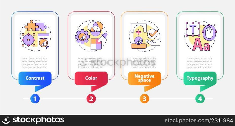 Principles of graphic design rectangle infographic template. Data visualization with 4 steps. Process timeline info chart. Workflow layout with line icons. Myriad Pro-Bold, Regular fonts used. Principles of graphic design rectangle infographic template