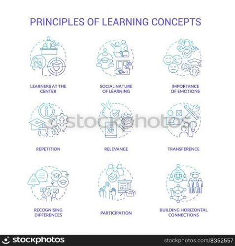 Principles of learning blue gradient concept icons set. Healthy environment. Knowledge acquisition idea thin line color illustrations. Isolated symbols. Roboto-Medium, Myriad Pro-Bold fonts used. Principles of learning blue gradient concept icons set