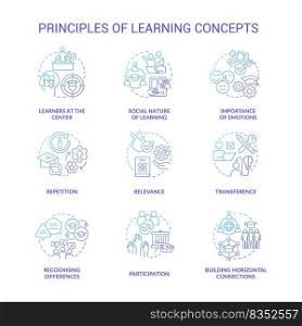 Principles of learning blue gradient concept icons set. Healthy environment. Knowledge acquisition idea thin line color illustrations. Isolated symbols. Roboto-Medium, Myriad Pro-Bold fonts used. Principles of learning blue gradient concept icons set