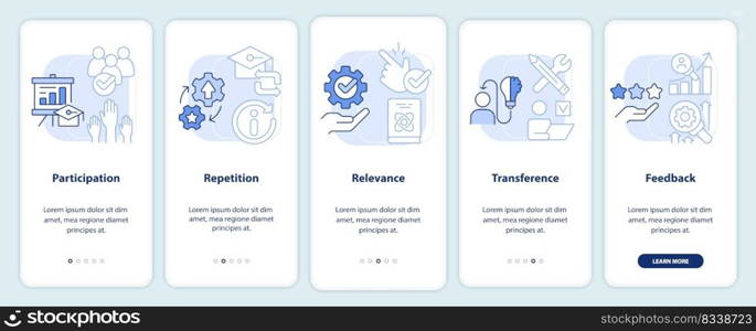 Principles of learning for students light blue onboarding mobile app screen. Walkthrough 5 steps editable instructions with linear concepts. UI, UX, GUI template. Myriad Pro-Bold, Regular fonts used. Principles of learning for students light blue onboarding mobile app screen
