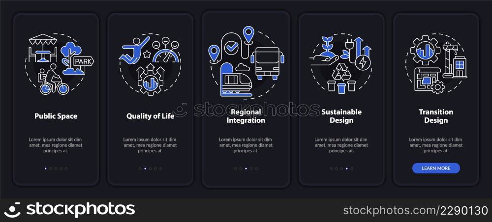 Principles of urban design night mode onboarding mobile app screen. Life walkthrough 5 steps graphic instructions pages with linear concepts. UI, UX, GUI template. Myriad Pro-Bold, Regular fonts used. Principles of urban design night mode onboarding mobile app screen